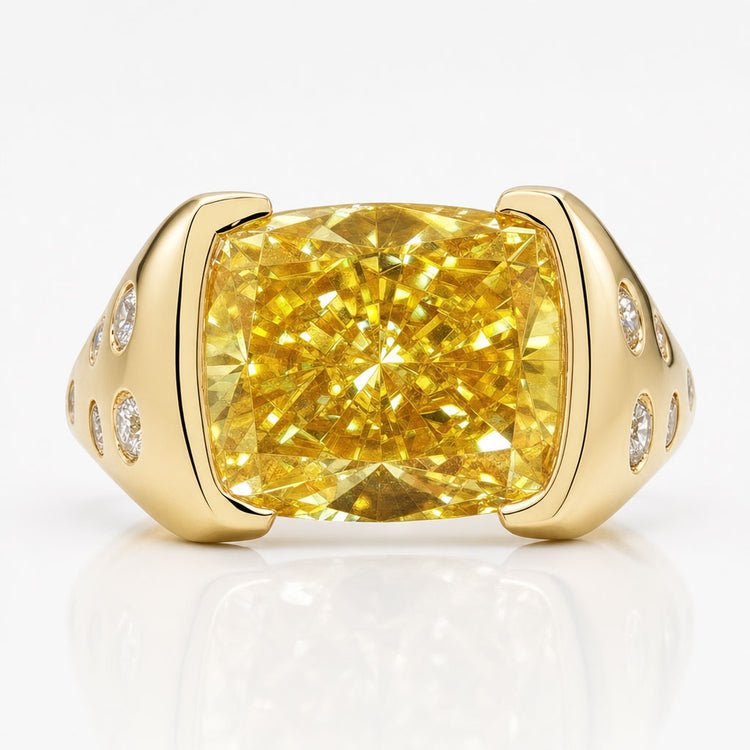 Cushion Cut Canary Yellow Moissanite Half Bezel Setting Ring 5.6 CT