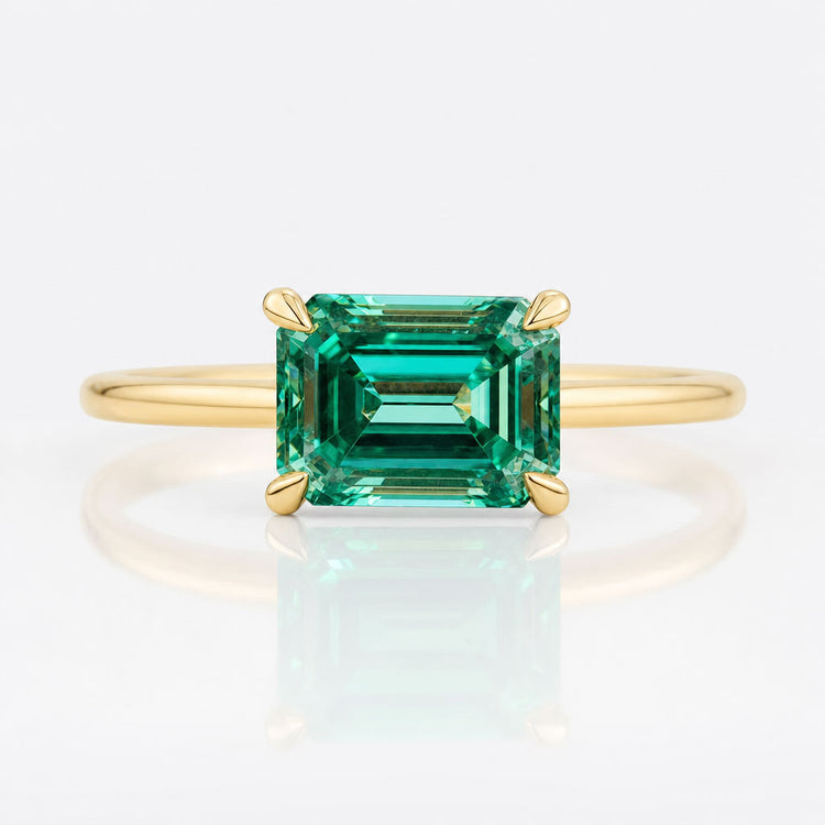 East to West Engagement Ring, 1.70 CT Emerald Cut Green Moissanite Solitaire Ring