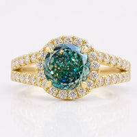 3.86 TW Portuguese Cut Cyan Blue Moissanite Halo Engagement Ring, Split Shank Ring