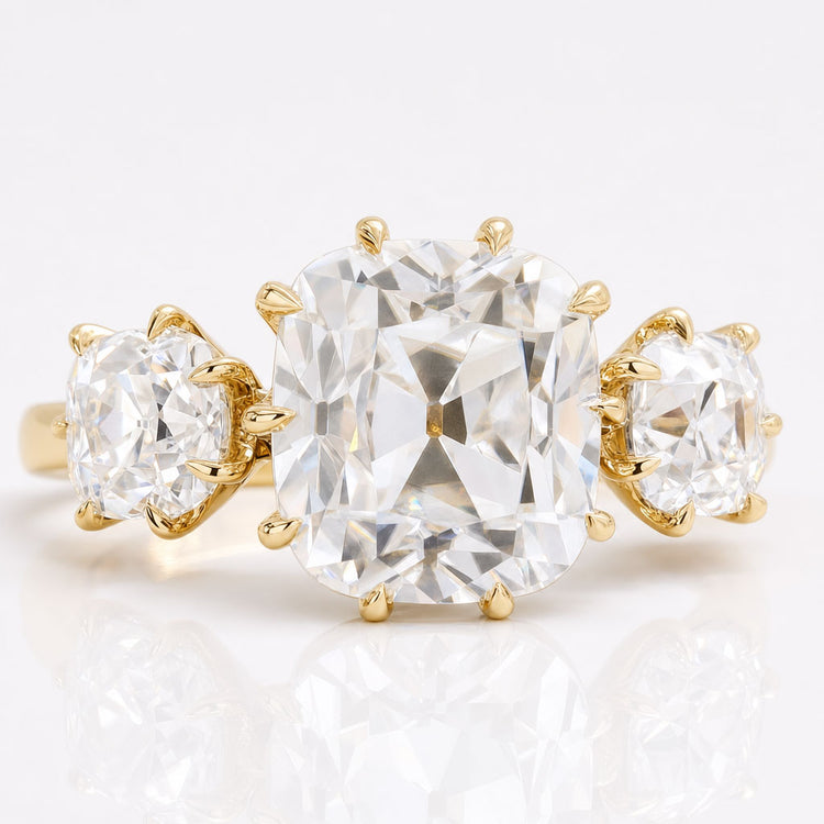 Vintage Style Engagement Ring, 2.64 TW Cushion Old Mine Cut Three Stone Ring
