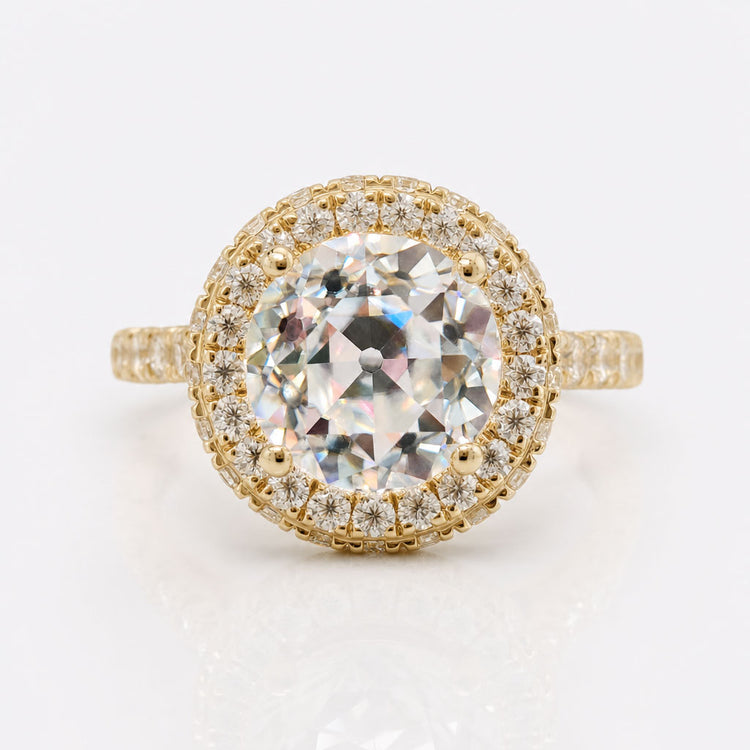 Round Old European Cut Moissanite Double Pavé Halo Ring 1.8 CT