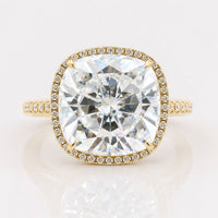 10.89 TCW Cushion and Round Cut Colorless Moissanite Halo Engagement Ring, Claw Prongs Ring, Pave Ring