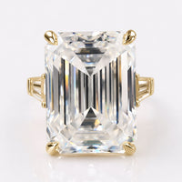 Emerald and Tapered Baguette Cut Moissanite Ring, 20.19 TCW Moissanite Three Stones Engagement Ring