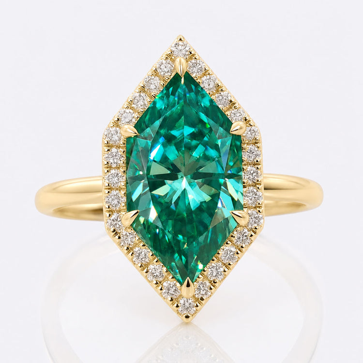Dutch Marquise Cut Green Moissanite Pavé Halo Ring 2.7 CT