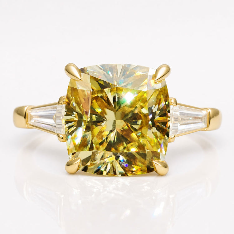 Cushion Cut Canary Yellow Moissanite Three Stones Ring 3.9 CT
