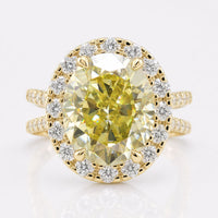 Oval Cut Canary Yellow Moissanite Pavé Halo Unique Split Shank Ring 4.5 CT