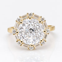 Vintage Style Engagement Ring, 3.23 CT Portuguese Cut Moissanite Halo Ring, Baguette and Round Cut Halo Ring