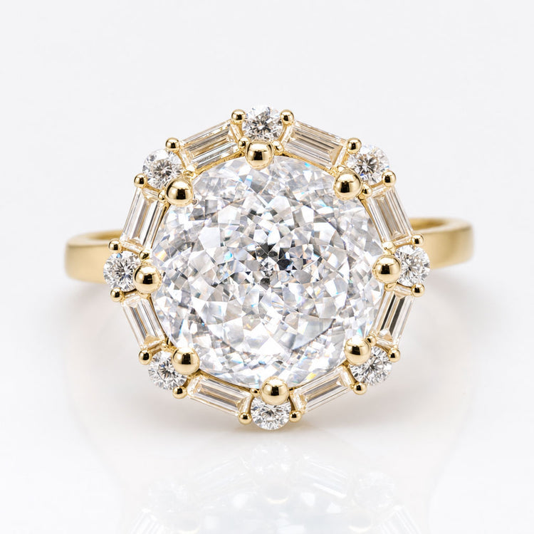 Vintage Style Engagement Ring, 3.23 CT Portuguese Cut Moissanite Halo Ring, Baguette and Round Cut Halo Ring
