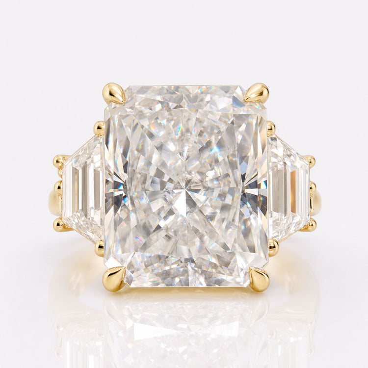 Radiant and Trapezoid Cut Moissanite Three Stone Pavé Ring 7.3 CT
