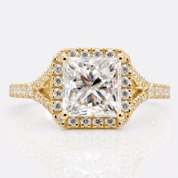 Princess Cut Colorless Moissanite Pavé Halo Split Shank Ring 1.4 CT