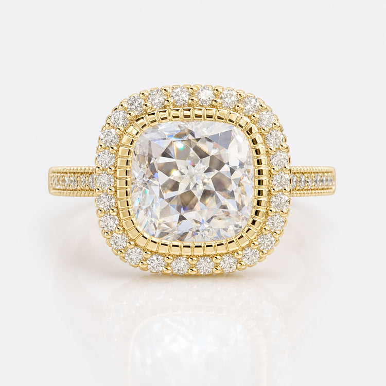 Cushion Rensu Cut Moissanite Pavé Halo Vintage Style Ring 2.2 CT