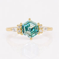 Hexagon Step Cut Cyan Blue Moissanite with Side Stones Ring - 1.8 TCW