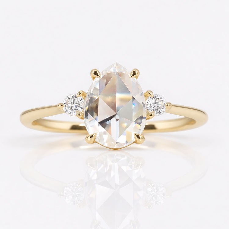 Pear Rose Cut Moissanite 3 Stone Ring