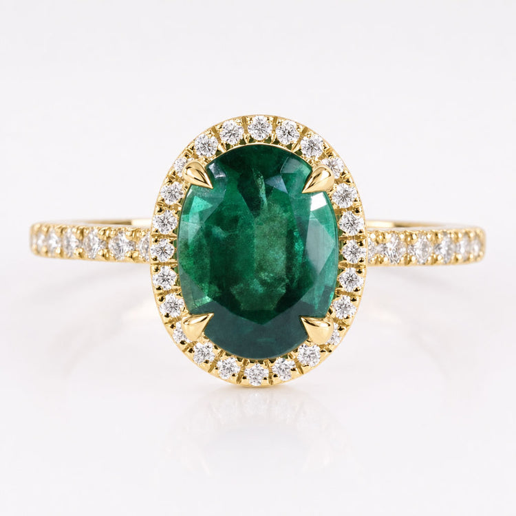 Emerald Gemstone Engagement Ring, 1.68 CT Oval Cut May Birthstone Halo Engagement Ring