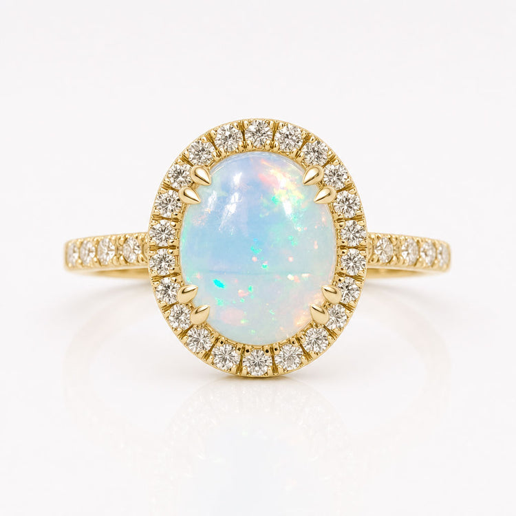 Opal Gemstone Engagement Ring, 1.34 CT Oval October Birthstone Wedding Ring, Halo Round Moissanite