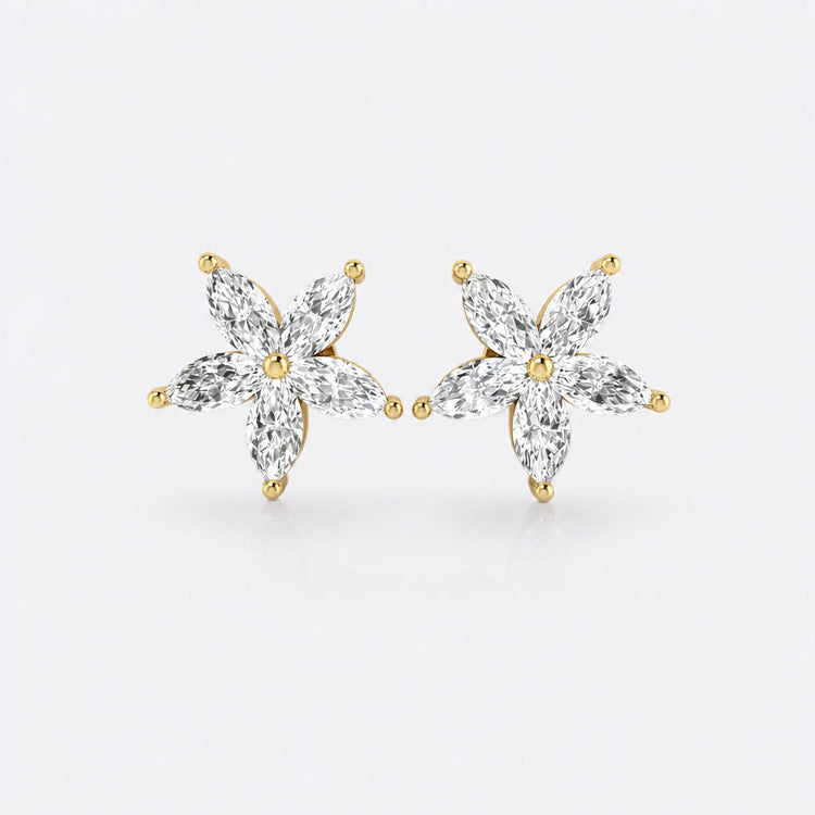 Flower petal marquise cut lab-grown diamond stud earrings in 14k solid yellow gold