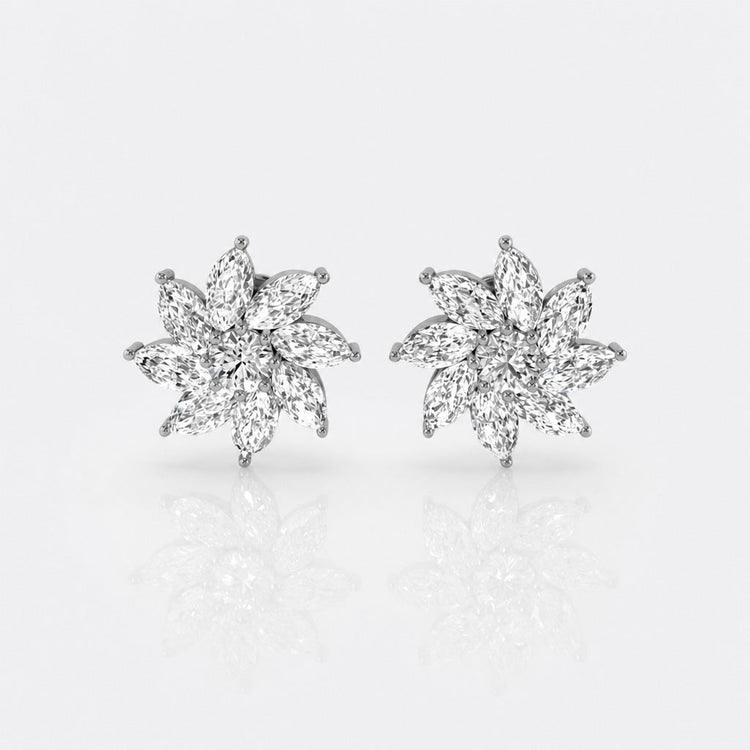 Pinwheel lab-grown diamond stud earrings in 14k solid white gold with marquise and round cut diamonds