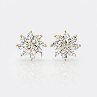 Pinwheel lab-grown diamond stud earrings in 14k solid yellow gold with marquise and round cut diamonds