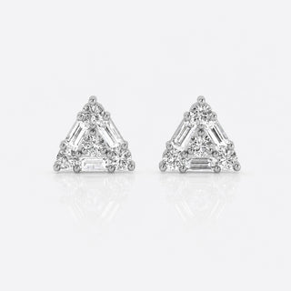 Triangle stud earrings with baguette and round lab-grown diamonds in 14k solid white gold