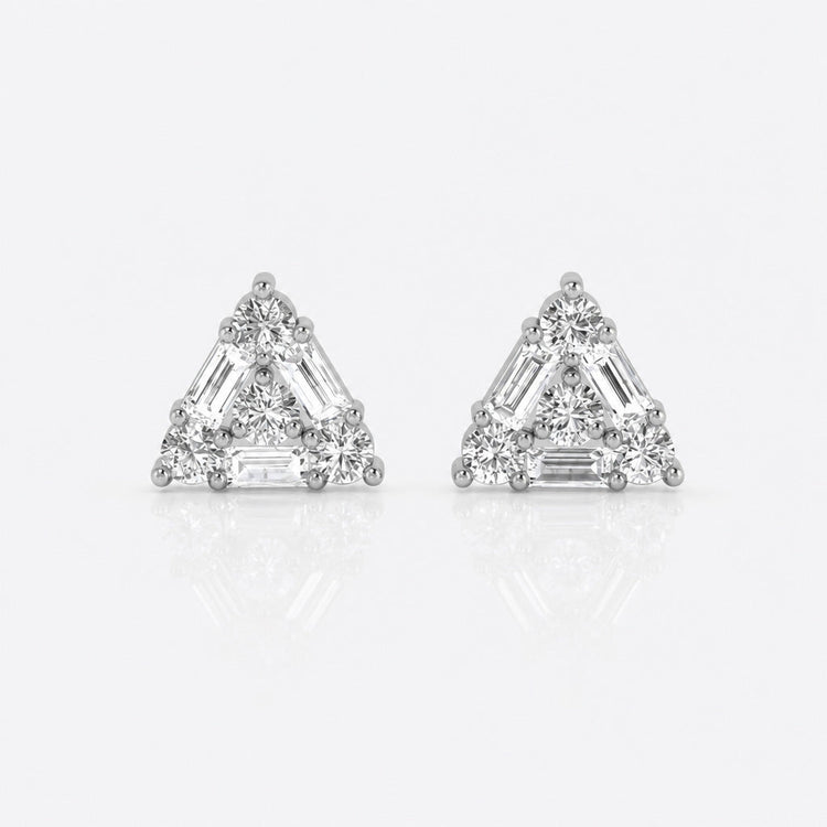 Triangle stud earrings with baguette and round lab-grown diamonds in 14k solid white gold
