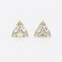 Triangle stud earrings with baguette and round lab-grown diamonds in 14k solid yellow gold