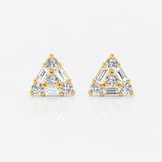Triangle stud earrings with baguette and round lab-grown diamonds in 14k solid yellow gold