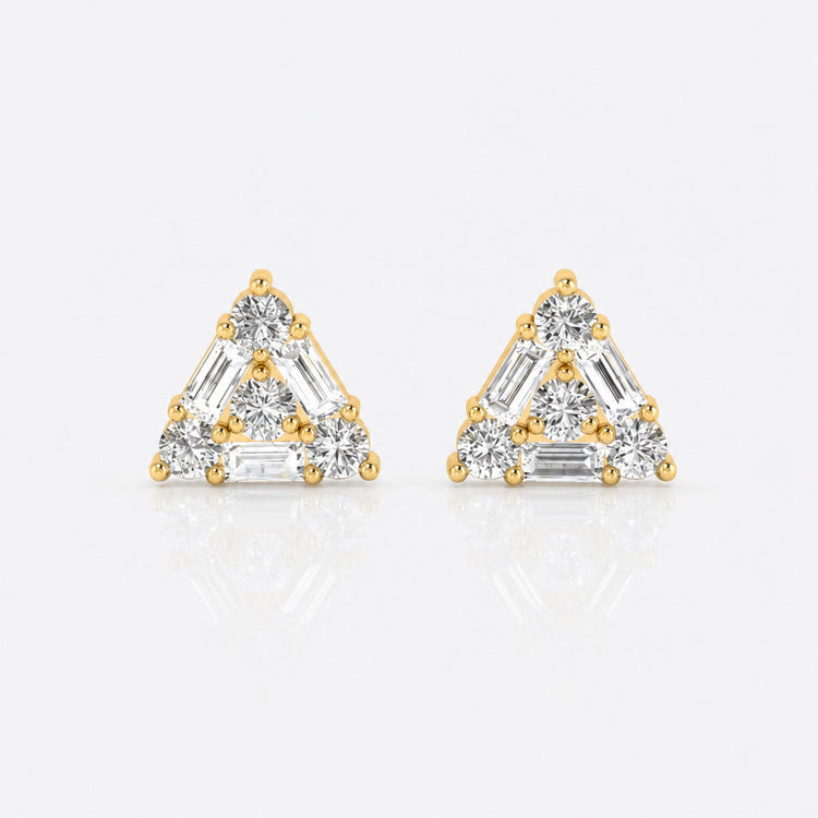 Triangle stud earrings with baguette and round lab-grown diamonds in 14k solid yellow gold
