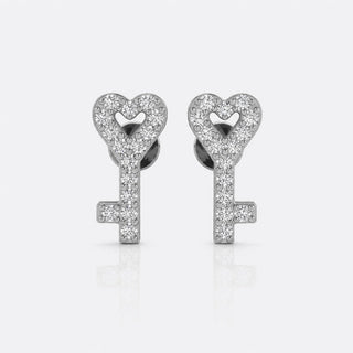 Heart-shaped key lab-grown diamond stud earrings in 14k solid white gold