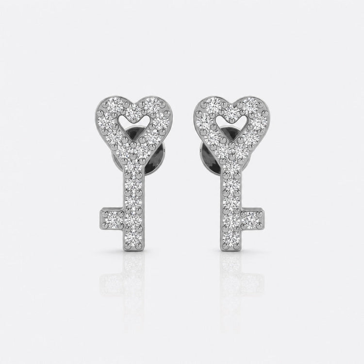 Heart-shaped key lab-grown diamond stud earrings in 14k solid white gold