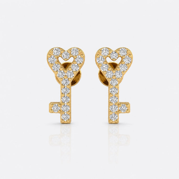 Heart-shaped key lab-grown diamond stud earrings in 14k solid yellow gold