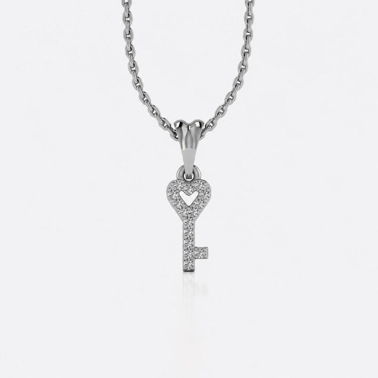 Heart-shaped key lab-grown diamond pendant necklace in 14k solid white gold