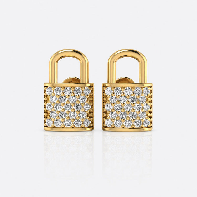 Padlock pave lab-grown diamond stud earrings in 14k solid yellow gold