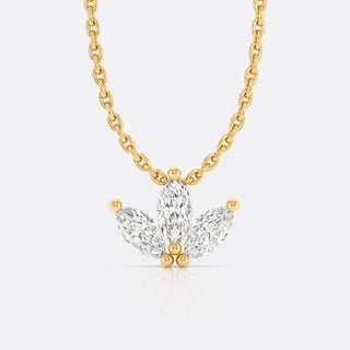 Three petal marquise cut lab-grown diamond fan pendant necklace in 14k solid yellow gold