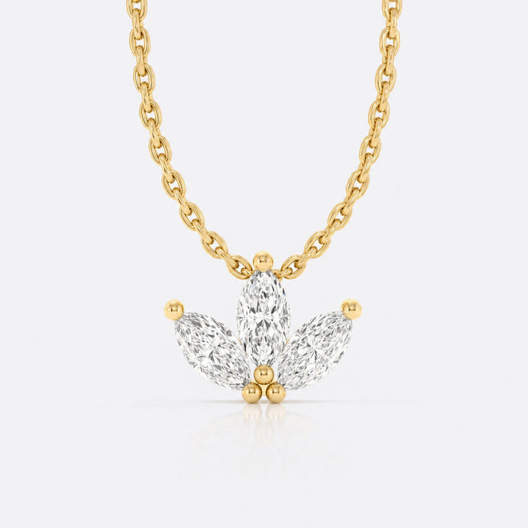 Three petal marquise cut lab-grown diamond fan pendant necklace in 14k solid yellow gold