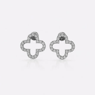 Four leaf open clover lab-grown diamond stud earrings in 14k solid white gold