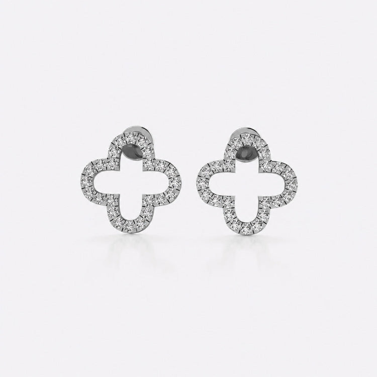 Four leaf open clover lab-grown diamond stud earrings in 14k solid white gold
