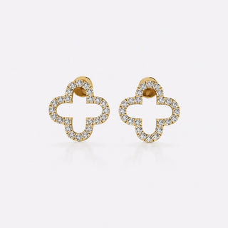 Four leaf open clover lab-grown diamond stud earrings in 14k solid yellow gold