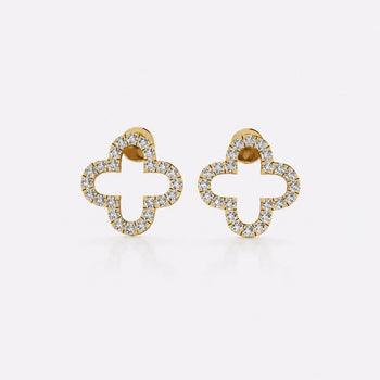 Four leaf open clover lab-grown diamond stud earrings in 14k solid yellow gold