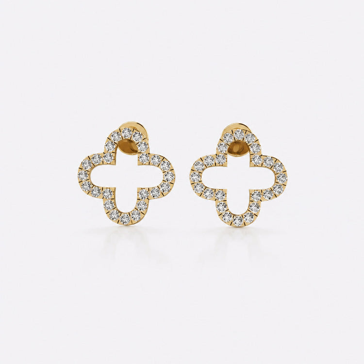 Four leaf open clover lab-grown diamond stud earrings in 14k solid yellow gold