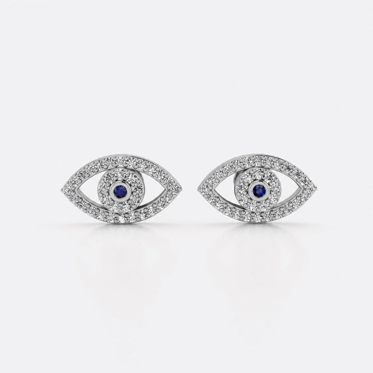 Evil eye lab-grown diamond stud earrings in 14k solid white gold with blue diamond centre