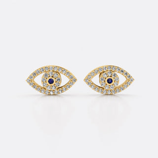 Evil eye lab-grown diamond stud earrings in 14k solid yellow gold with blue diamond centre