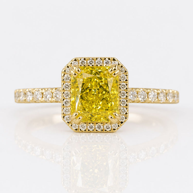 Radiant Cut Vivid Yellow Lab Created Diamond Ring, 1.59 TCW Lab Grown Diamond Halo Engagement Ring