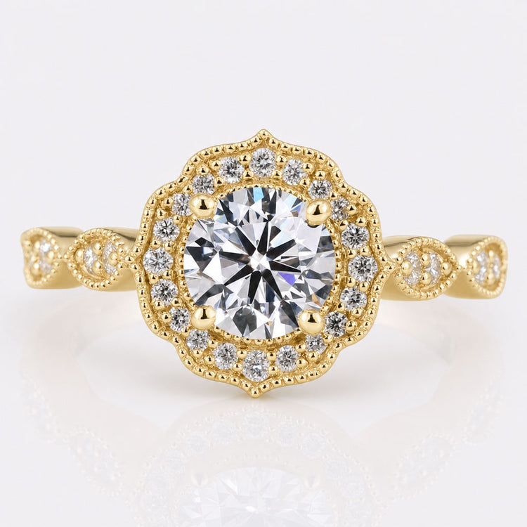 Round Hearts and Arrows Cut Diamond Ring, Vintage Lab Diamond Engagement Ring