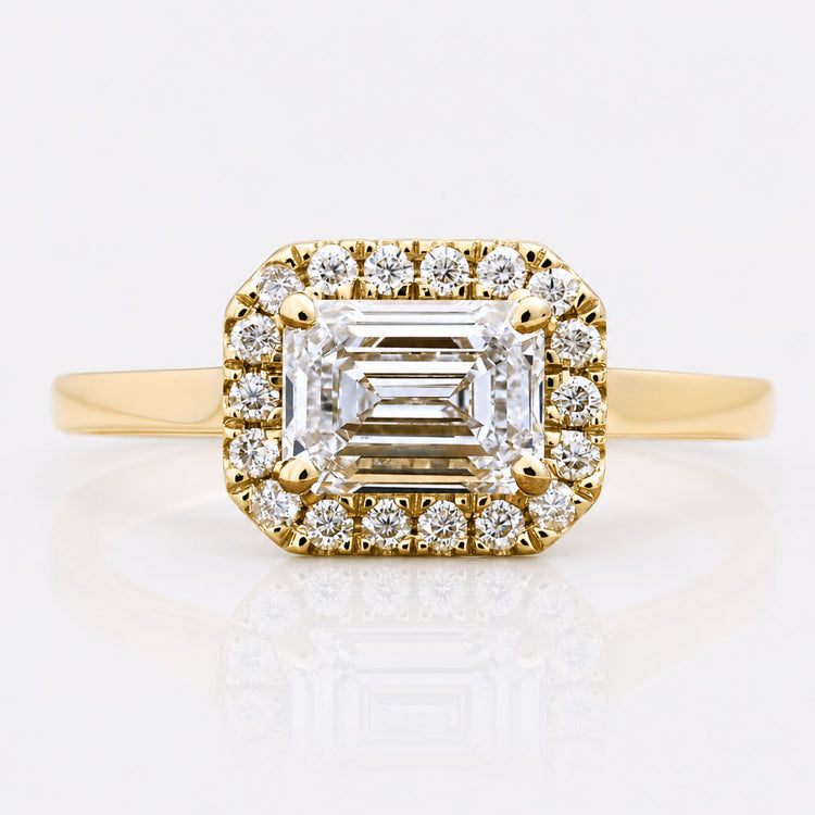 1.02 CT Emerald Cut Lab-Grown Diamond Halo Cathedral Set Ring