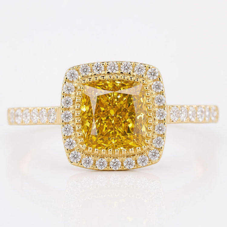 Cushion Cut Intense Yellow Lab-Grown Diamond Pavé Halo Milgrain Ring 1.2 CT