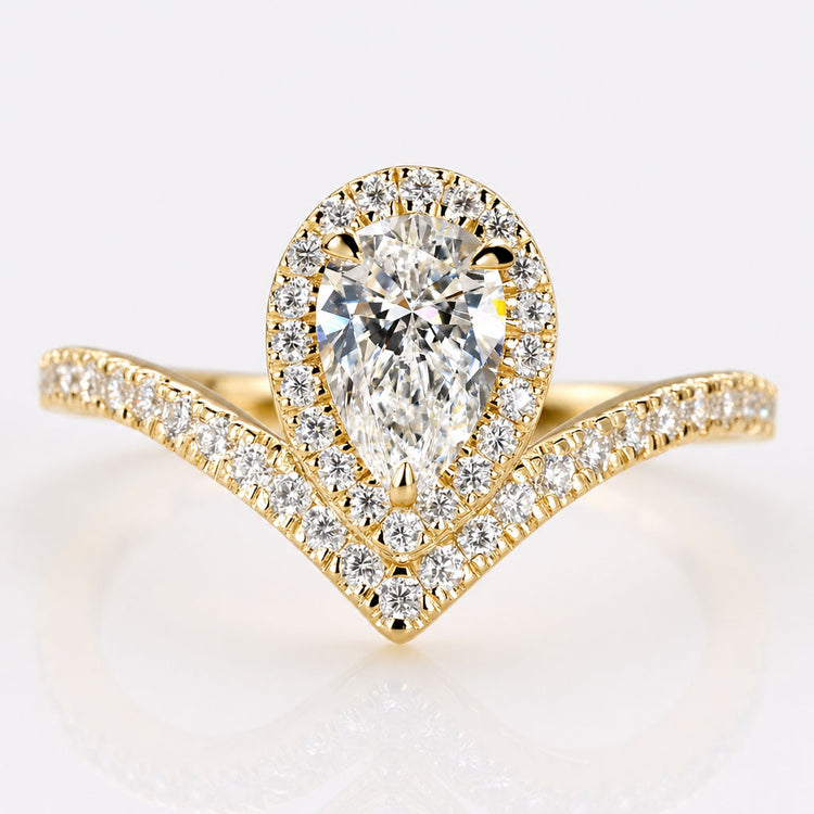 Pear Cut Lab-Grown Diamond Pavé Halo Curved Shank Ring 0.9 TCW