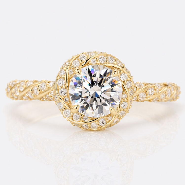 Round Brilliant Cut Lab-Grown Diamond Unique Twisted Halo Pavé Ring 0.85 CT