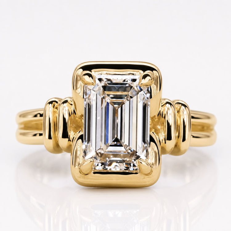 Emerald Cut Lab-Grown Diamond Solitaire Double Row Shank 1.5 - 2 CT Ring