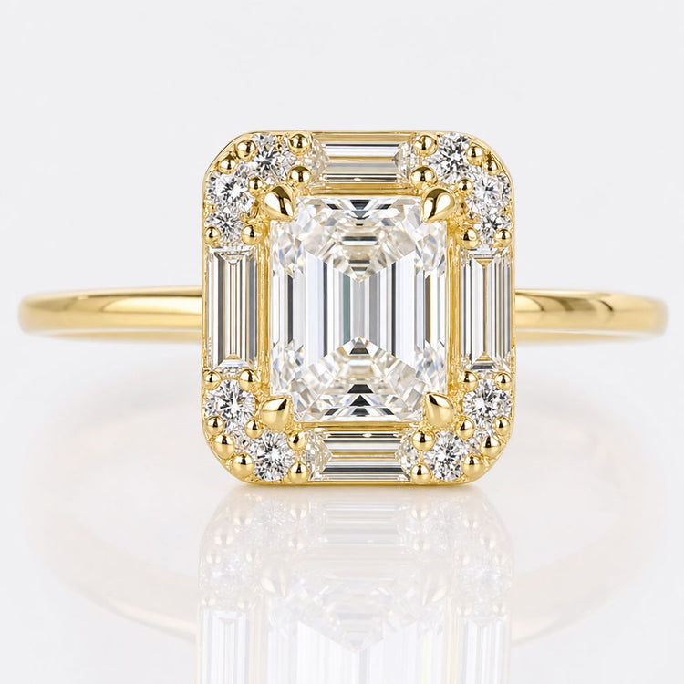 Emerald Cut Lab-Grown Diamond Halo Side Stone Ring 0.9 CT