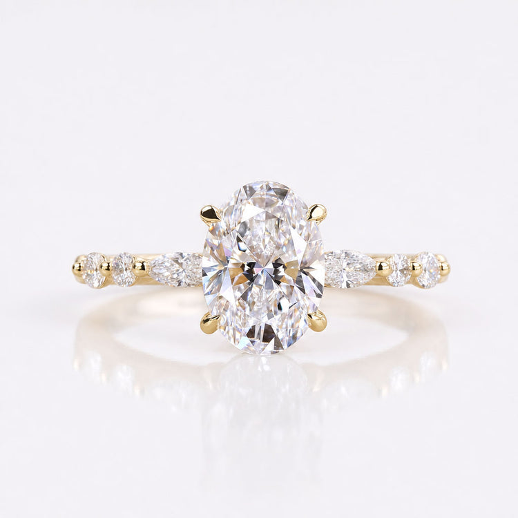 Oval Lab-Grown Diamond Four Prong Marquise and Round Side Stone Ring 1 – 2 CT